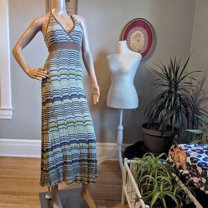 Vintage Y2K BCBGMAXAZRIA Knit Dress Halter Maxi Chevron Silk Summer Size XS